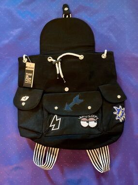 Ardene Black Backpack with Patch Details and Striped Straps, NWT
